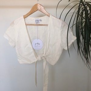 White Linen Tie Front Crop Top